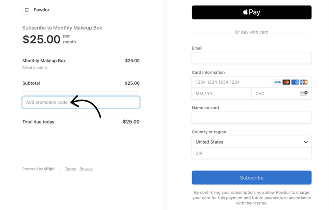 Add promotion code field in Stripe