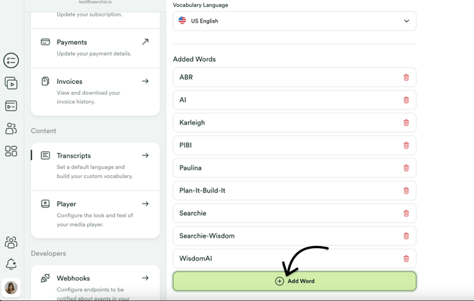 Add words to transcript vocab