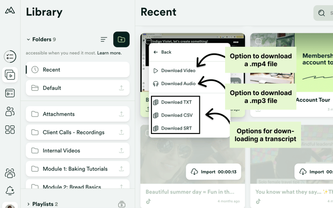 Audio, video, and transcript download options