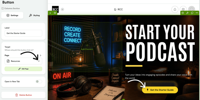 Change button target to content page
