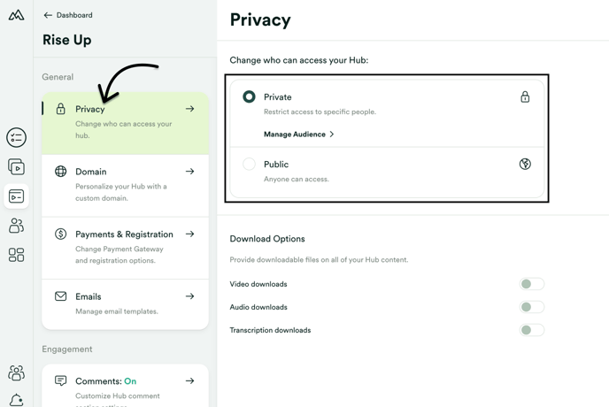 Choose Hub Privacy setting