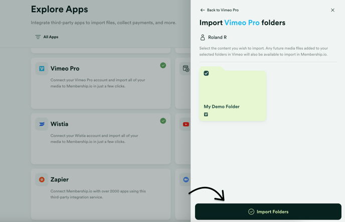 Choose Vimeo folders to import