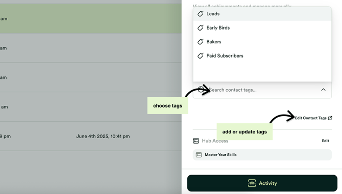 Choose or add contact tabs