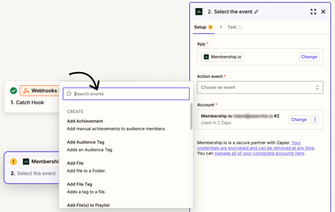 Choose the Membership.io action event in Zapier
