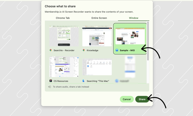 Choose the app window to share