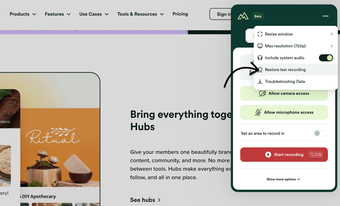 Click Restore last recording option