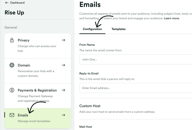 Click the email config option