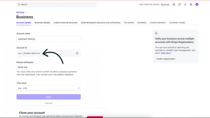 Copy Stripe account ID