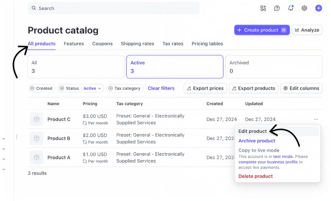 Edit products inside stripe