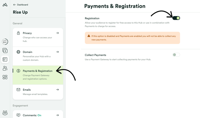 Enable Registration under Hub Settings