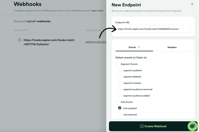 Enter Endpoint URL and Create Webhook