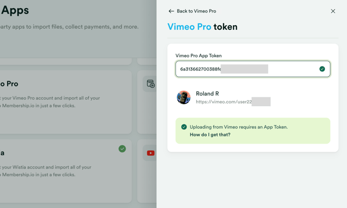 Enter your Vimeo Pro account token