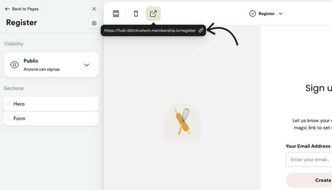 External preview - Copy Hub Register URL