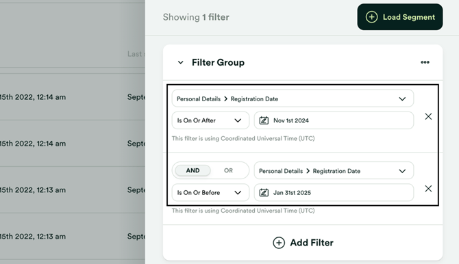 Filter by hub registration date