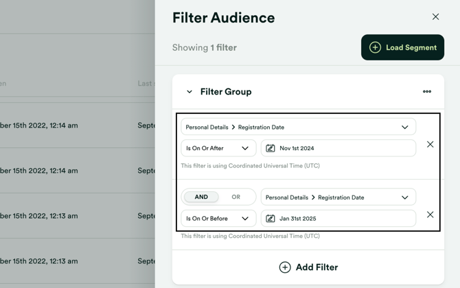 Filter by registration date