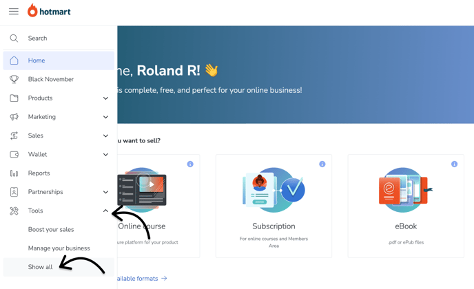 Go to Hotmart Tools - Show all