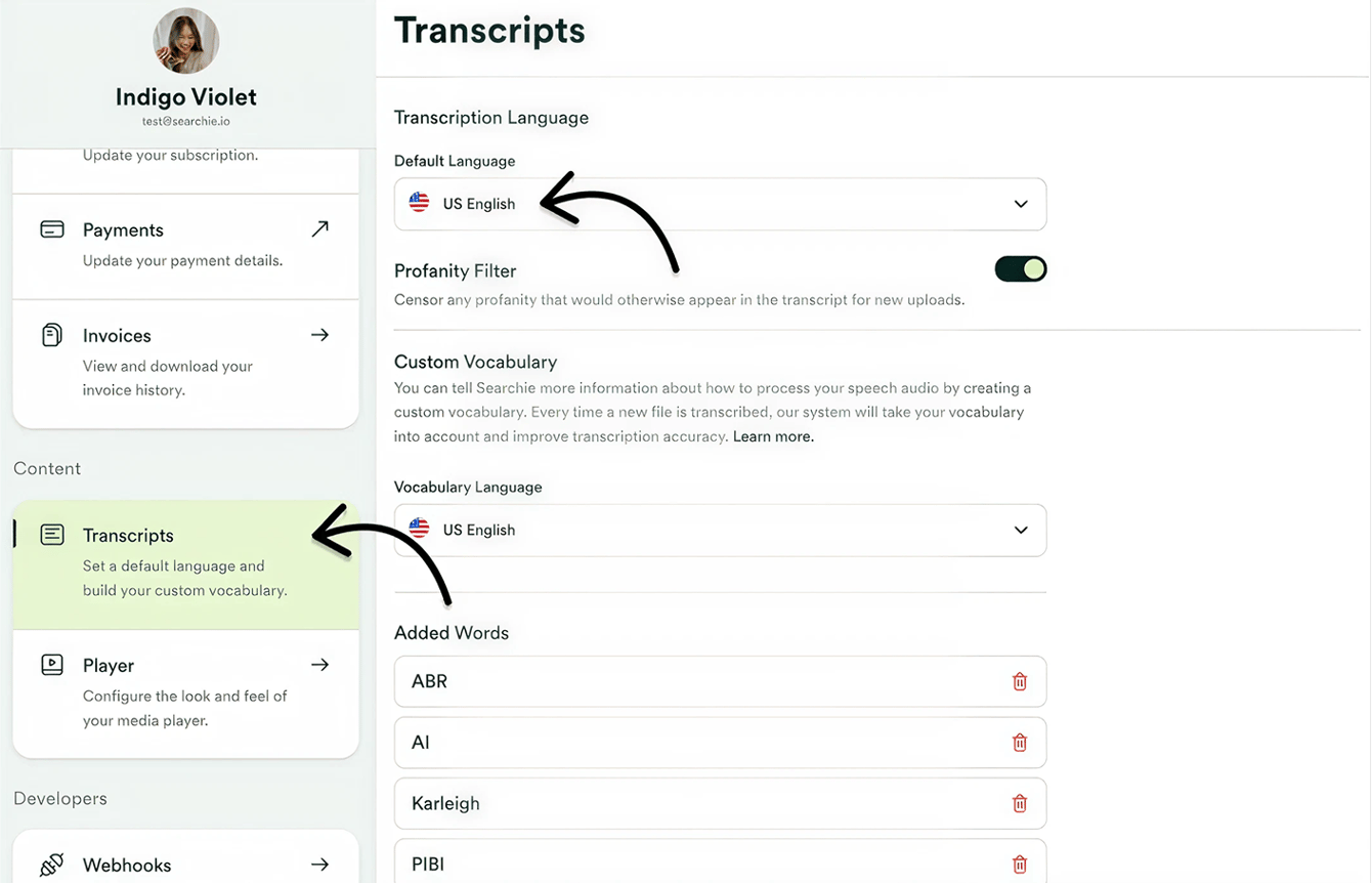 Language Transcripts Method Improve transcriptions with Custom Vocabulary