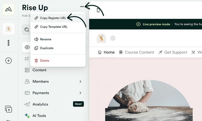 Hub Menu Options - Copy Register URL