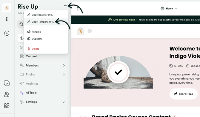 Hub menu - Copy template URL