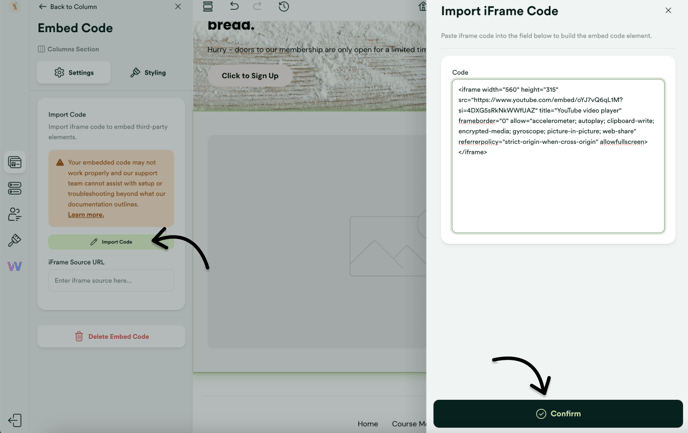 Paste embed code and confirm