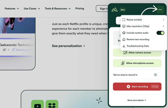 Screen recorder menu options