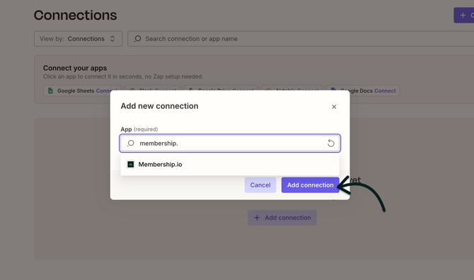 Search the app and Add connection