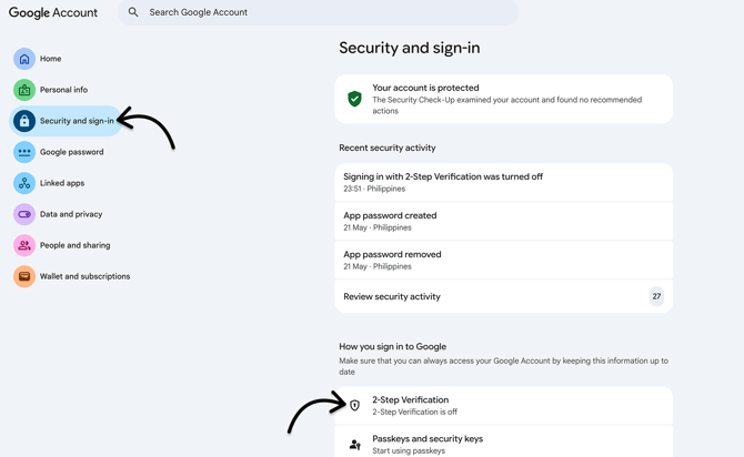 Security and sign-in - 2SV