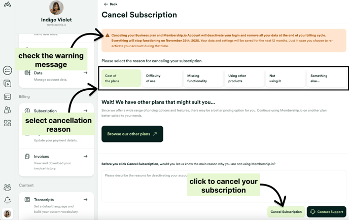 Select subscription reason