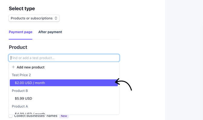 Select the price to use for the payment link creation (2)