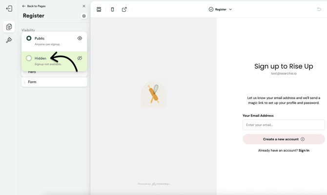 Set Hub Register Visibility to Hidden