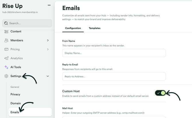 Settings - Emails - Custom Host