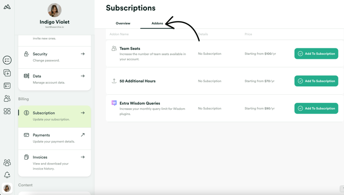 Settings - Subscription - Addon