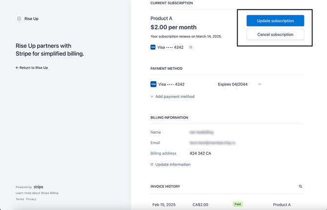 Stripe - Update or cancel subscription