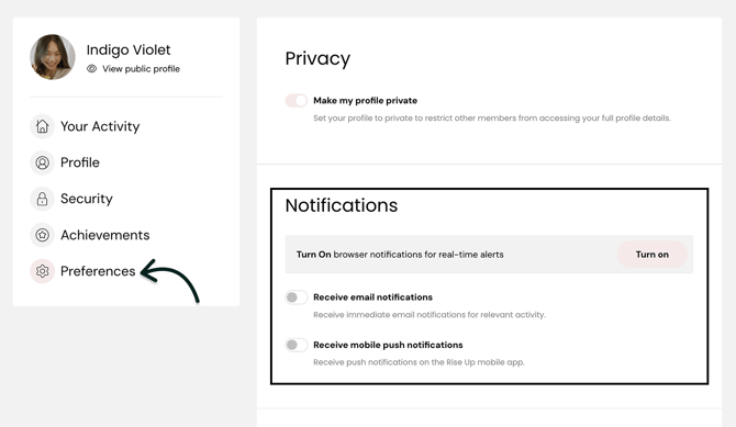 Toggle notifications under Preferences