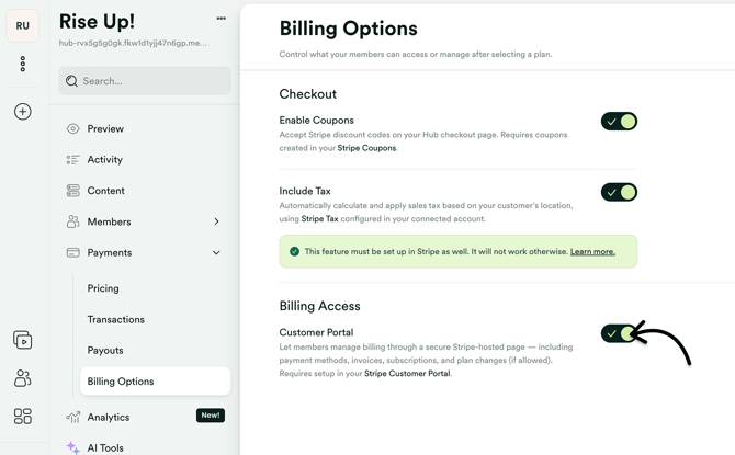 Toggle the customer portal