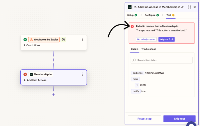 Zapier error message sample