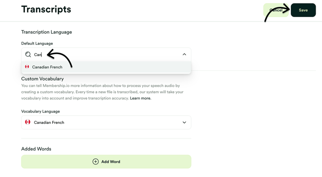 change transcript language and save