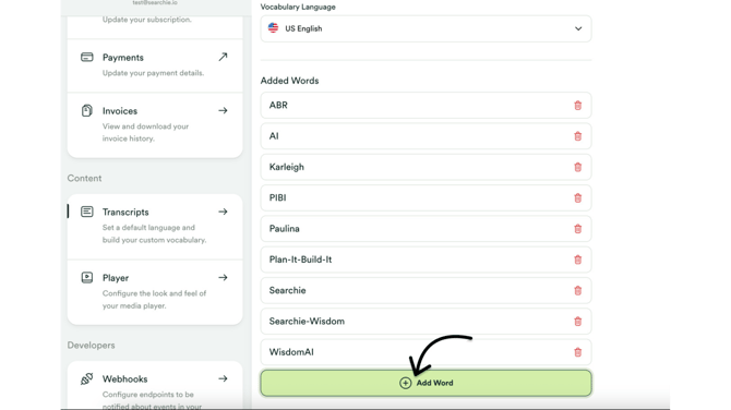 transcripts - custom vocab addition