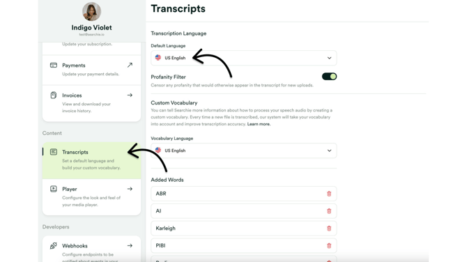 transcripts - default language